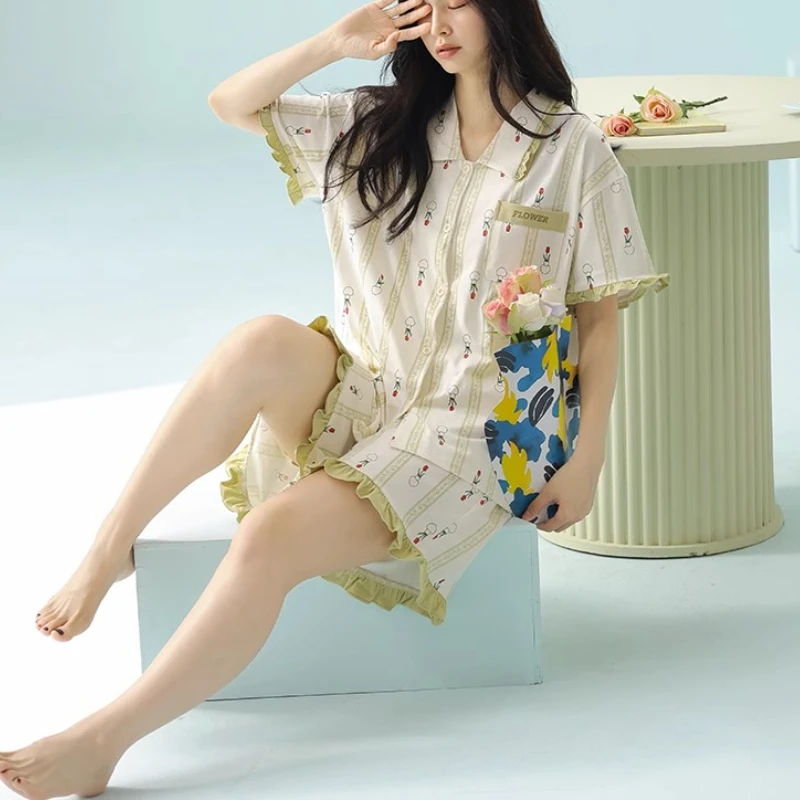 M-5XL Women's Summer Cotton Sweet Flower Print Short Sleeve Turn-down Collar Pajamas 2025 Ruffles Shorts Cute Loungewear Set