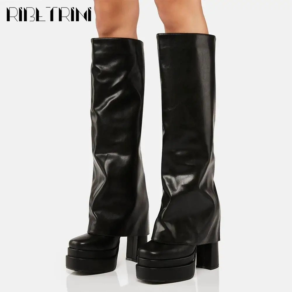 INS Brand Winter Women Fold Over Boots Chunky High Heeled Double Platform Shoe Knee High Luxury Punk Goth Sexy Street Boots