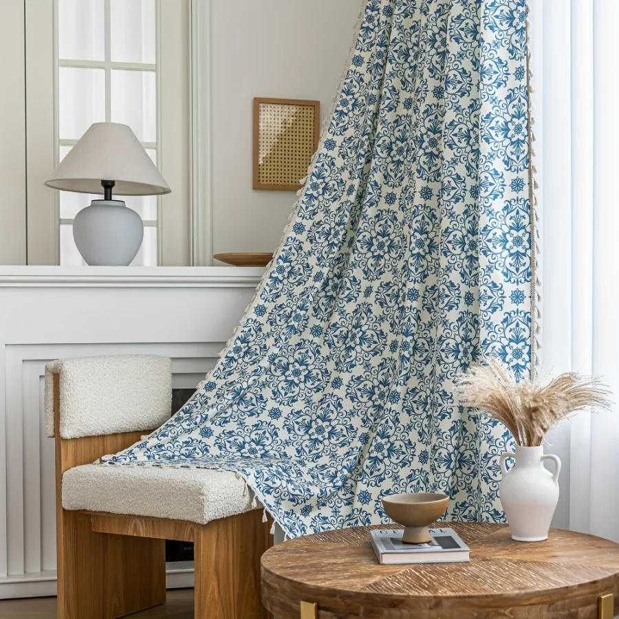 1PC Blue Floral Damask Tassel Curtain, Vintage Porcelain Cotton Linen Curtain with Rod Pocket for Living Room Bedroom Decor