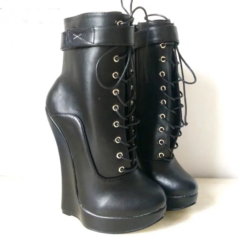 

Black Matte Lace Up Mid Calf Boots Wedge Heel Platform Fashionable Cool Sexy Western Winter Woman Shoes Zapatillas Mujer