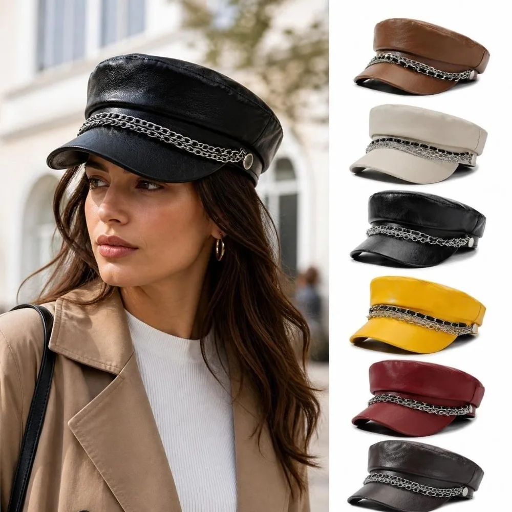 Fashion PU Leather Newsboy Cap Adjustable Short Brim Beret Hat Silver Chain Decor Casual Peaked Hat For Women