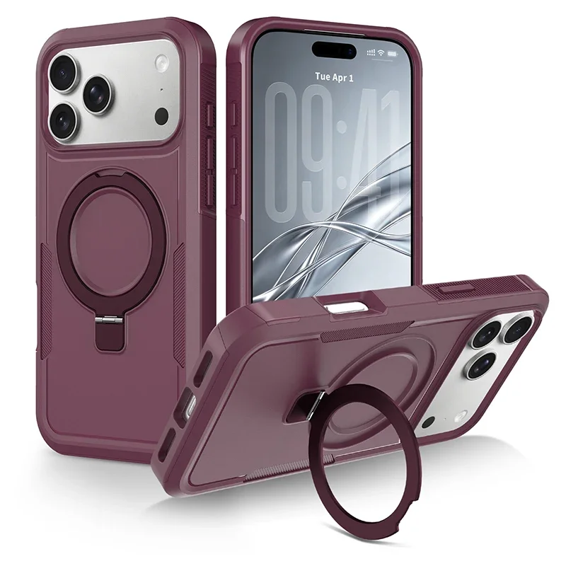 Rotating Invisible Bracket Magnetic Case for IPhone 18 Pro Max 15 16 17 Anti Slip Armor Heavy Duty Rugged Ott-Box Protect Cover
