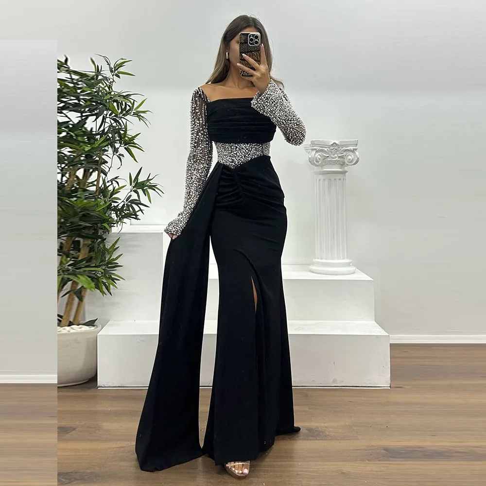 

Customized Saudi Dress Mermaid Floor Length Evening Dresses Long Sleeves Pleat Formal Party Dress Pearls Beading Prom Dress