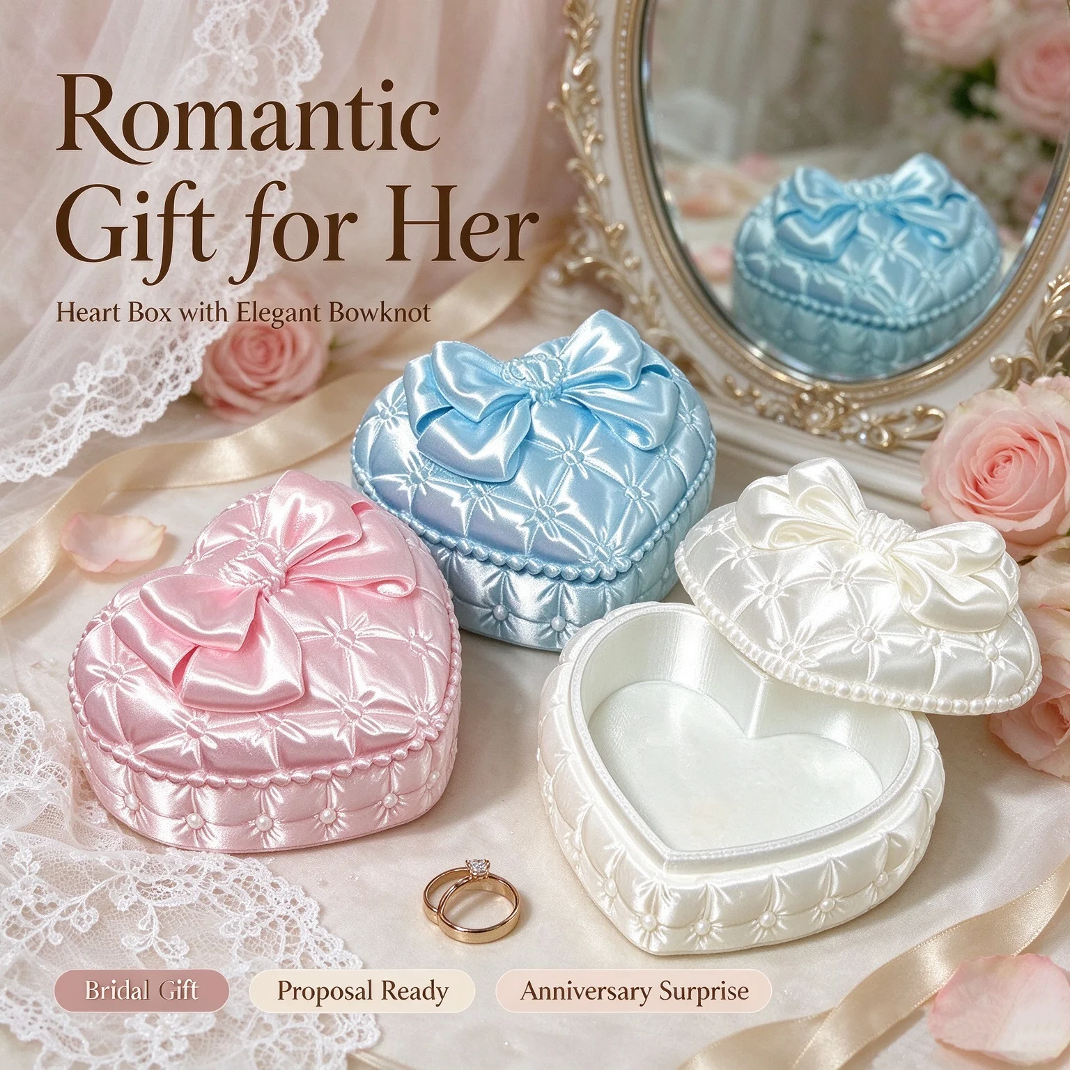 Silk Heart Shaped Jewelry Box with Lovely Bowknot Trinket Storage Organizer Perfect Birthday Gift for Daughter Niece