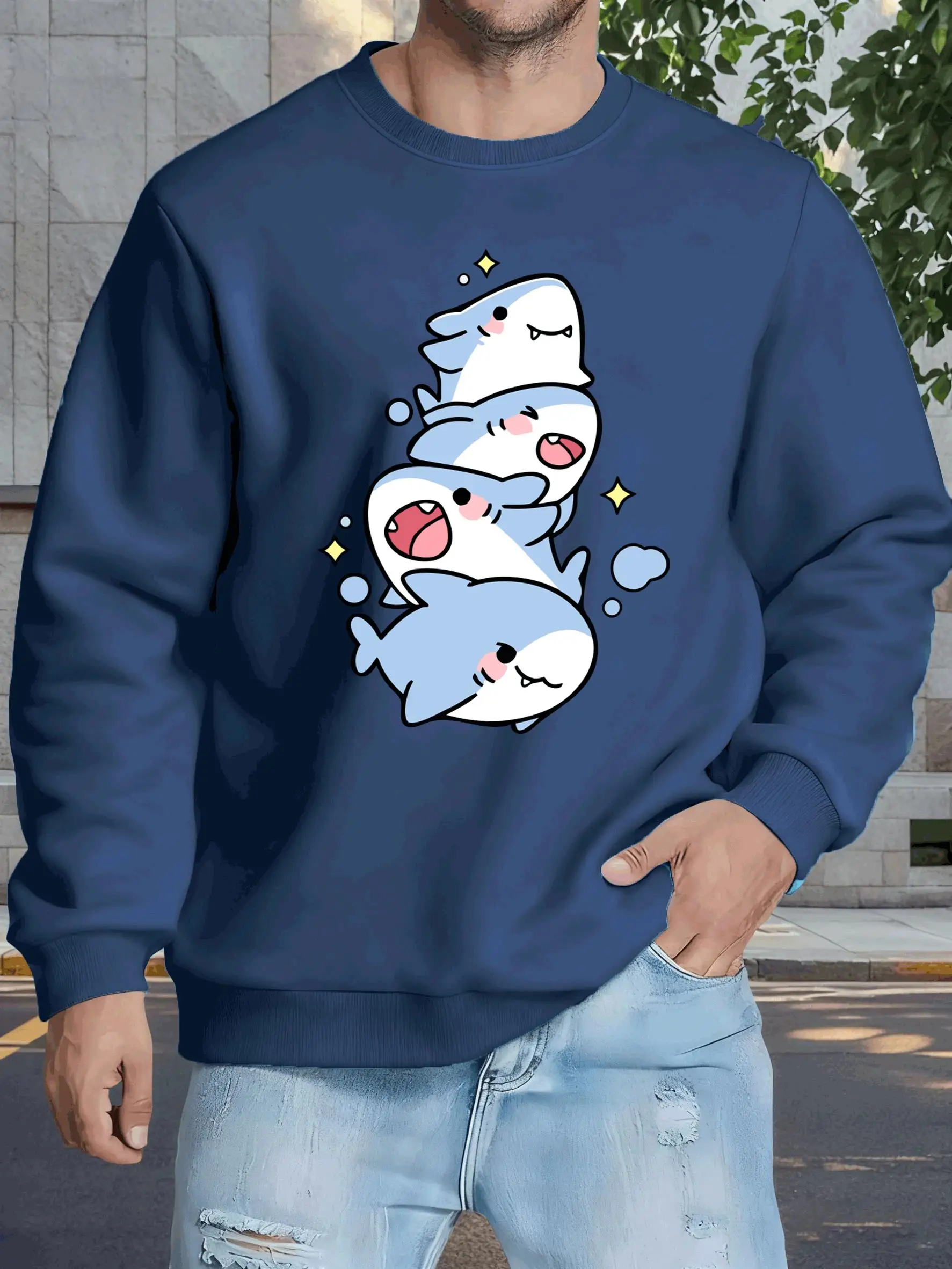 Cartoon Cute Shark Printing Men'S Sweatshirt Street Crewneck Pullover Loose Autumn Streetwear Casual Fleece Unisex Clothes