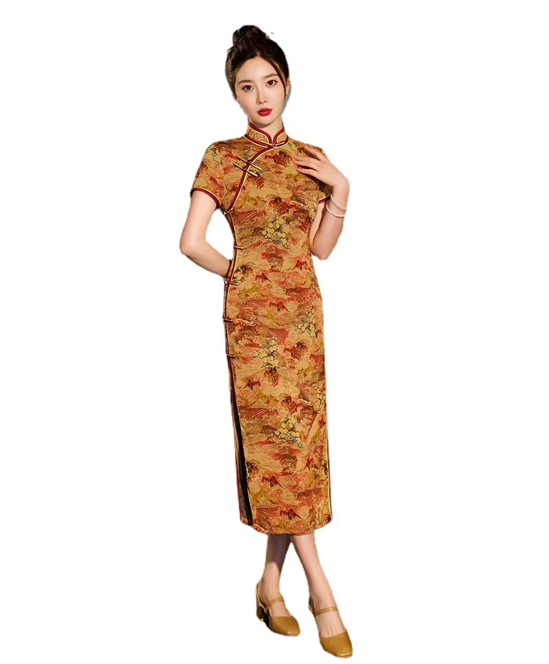 Modern Chinese Style Women Mandarin Collar Short Sleeve Qipao Traditional Improved High Split Cheongsam