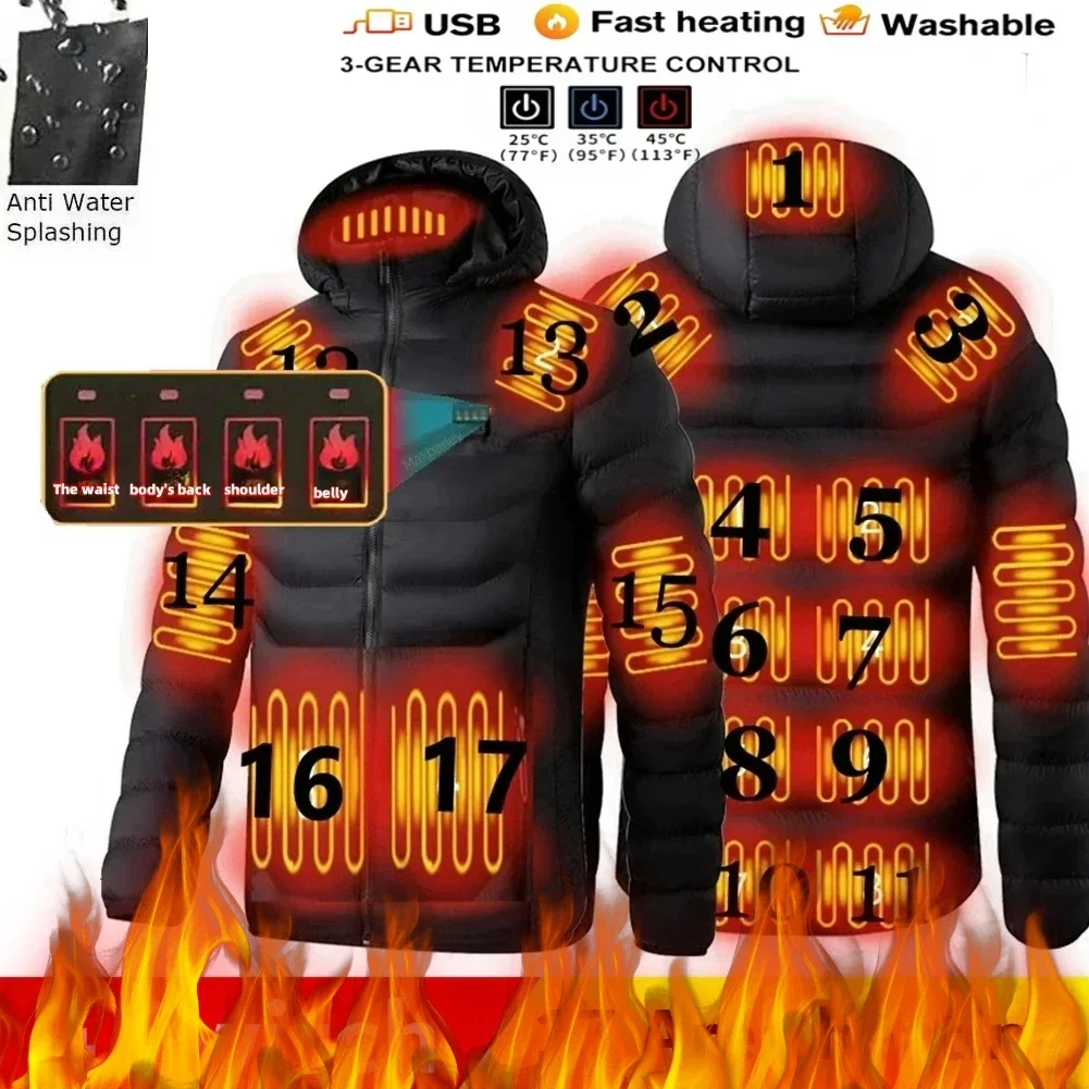 New 17 Zone Heating Jacket Men's USB Electric Heating Down Cotton Coat Smart Heating Clothes Winter Snow Cold-proof Hooded Parka