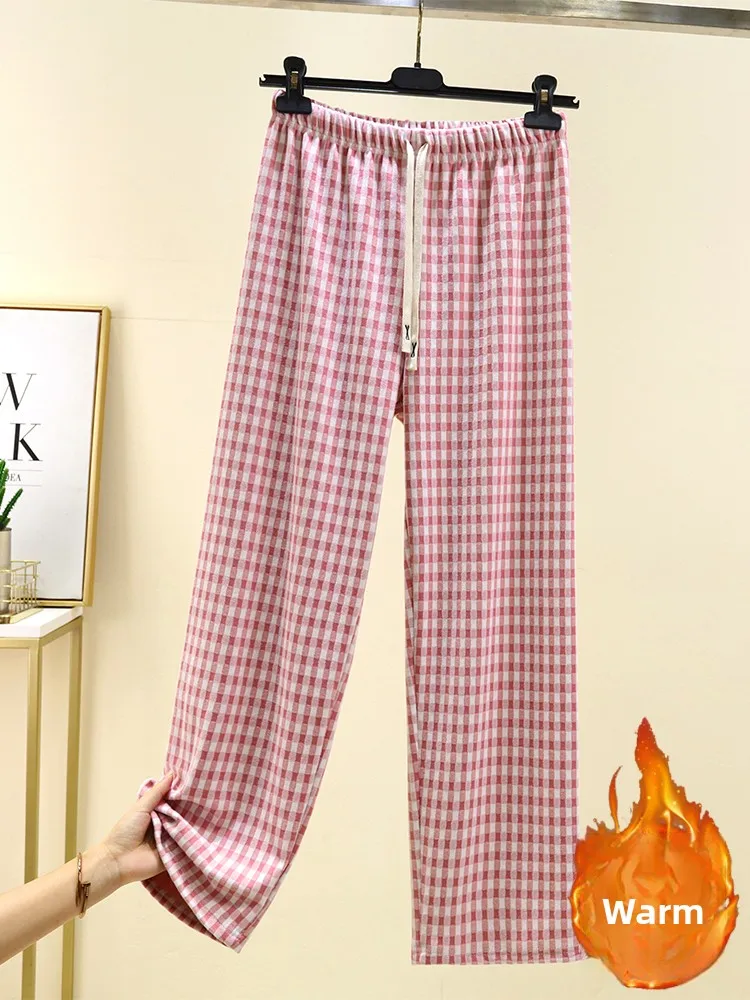 Thiened Fce 여성용 겨울 파자마 바지 끈없는 홈 레저 체크무늬 하이웨이스트 롱 팬츠 플러스 사이즈 홈웨어