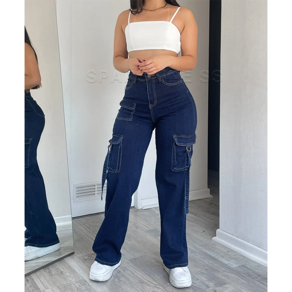 2024 Women's Jeans High Waist Slimming High Street Trousers Loose Straight Pocket Design Denim Pants Streetwear