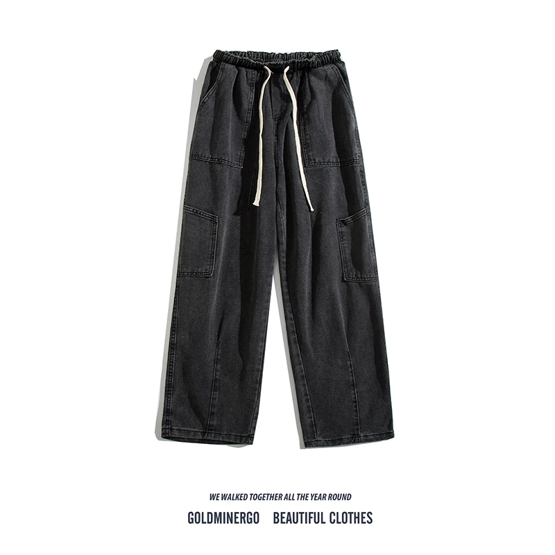 

Loose Straight Leg Men's Jeans Workwear Style Retro Washed Multi Pocket Wide Leg Long Trousers Casual Loose Fit Youth Fashion