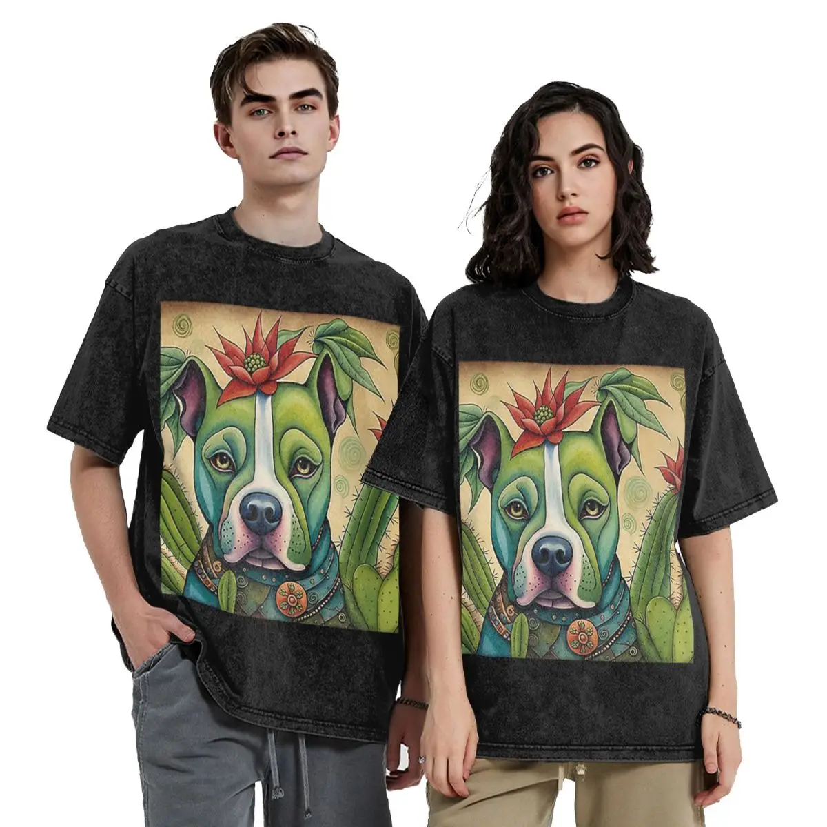 Pit Bull Prickly Portraits Hip Hop Short Sleeve T-Shirts Washed Tops Tees Streetwear T Shirt Harajuku for Men Women