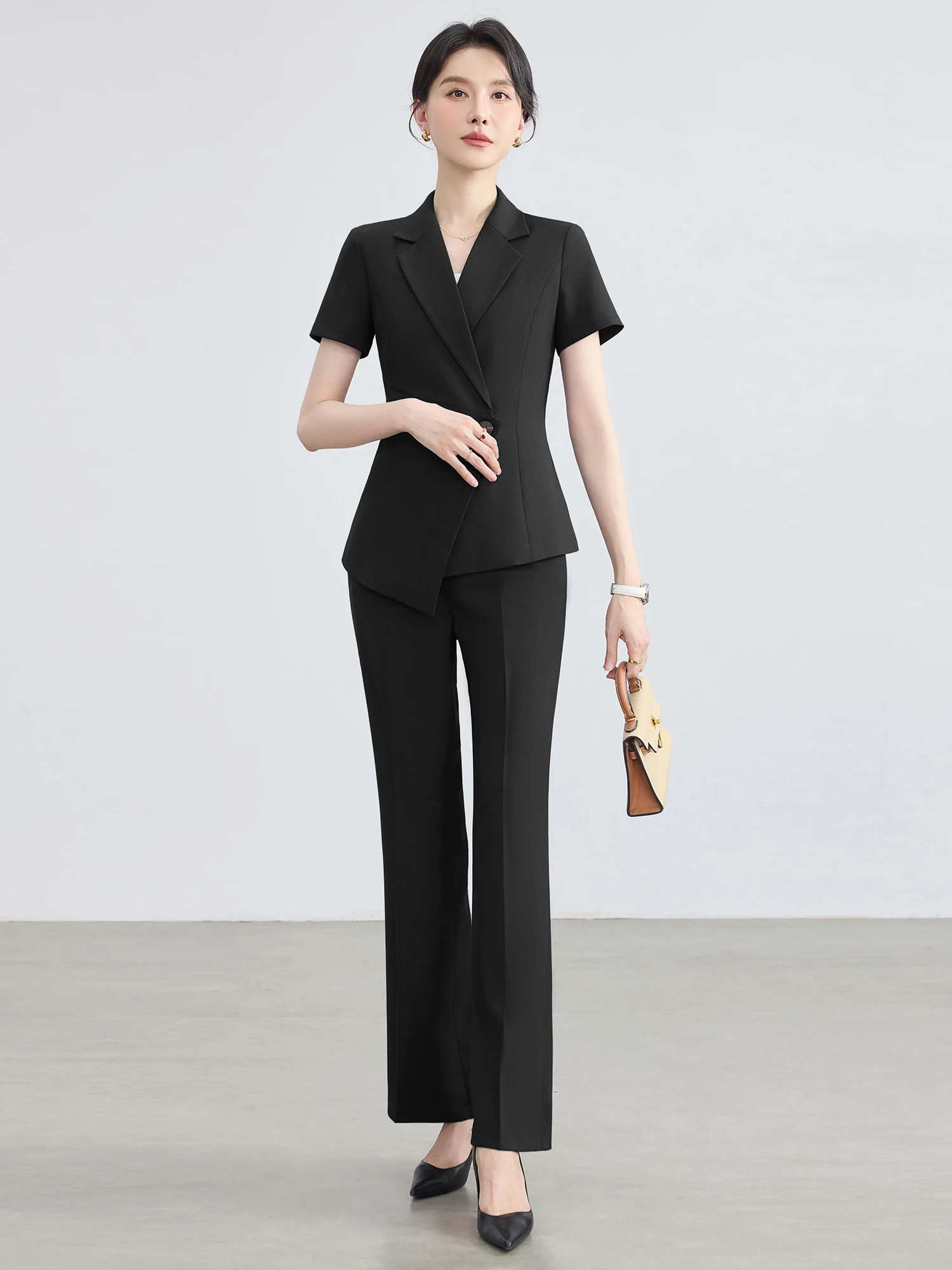 Black Short Sleeve Suit Set for Women Professional Interview Workwear Lightweight Ladies Career Polyester Fiber Anti-Wrinkle