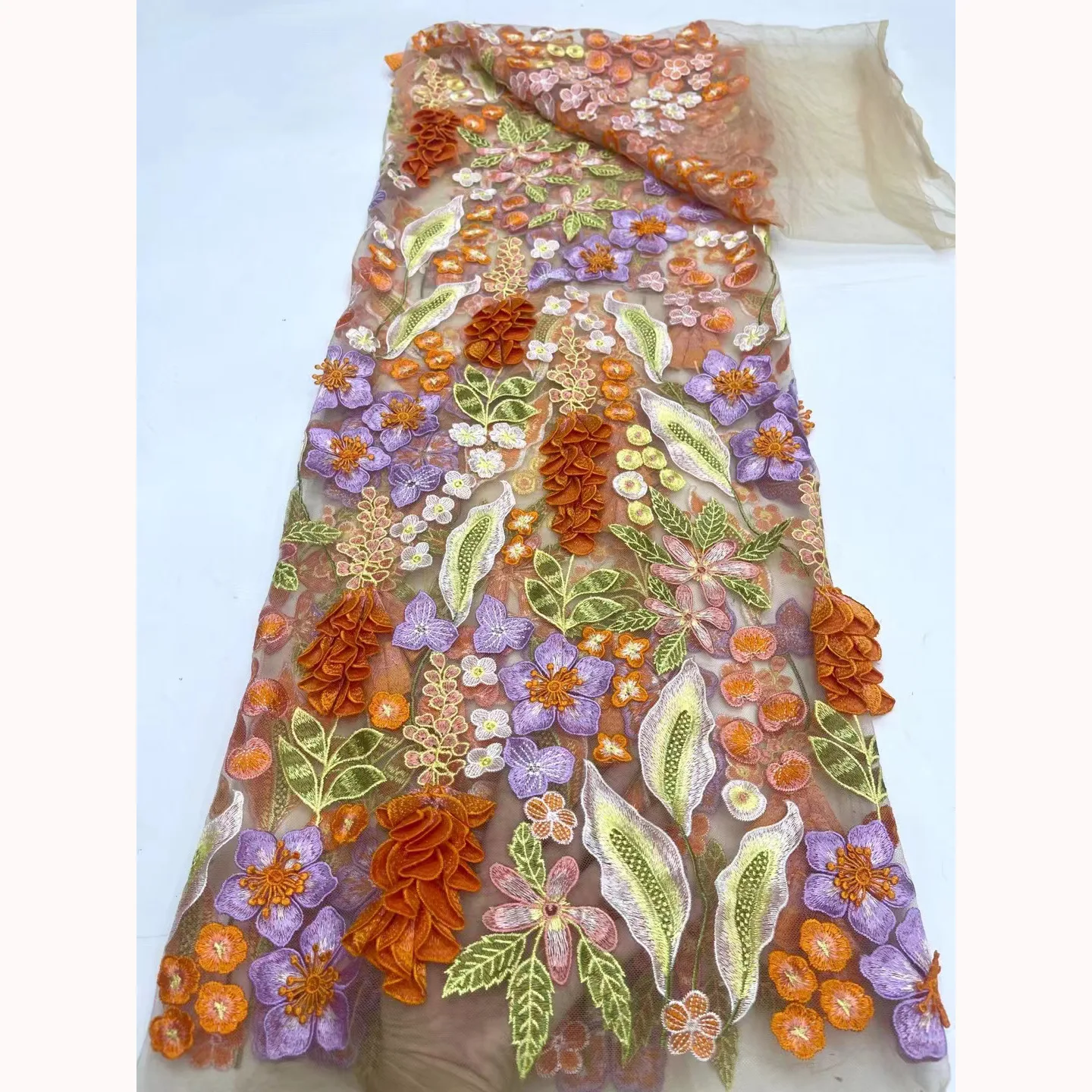 French 3D appliqued embroidery fabric, grape lace fabric, Nigerian wedding dress and evening gown sewing fabric. High quality