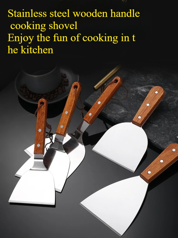 Spatule de cuisson avec manche en bois en acier inoxydable, pelle à frire pour Steak et crêpes, grattoir Teppanyaki, outil de Barbecue, accessoires de cuisine