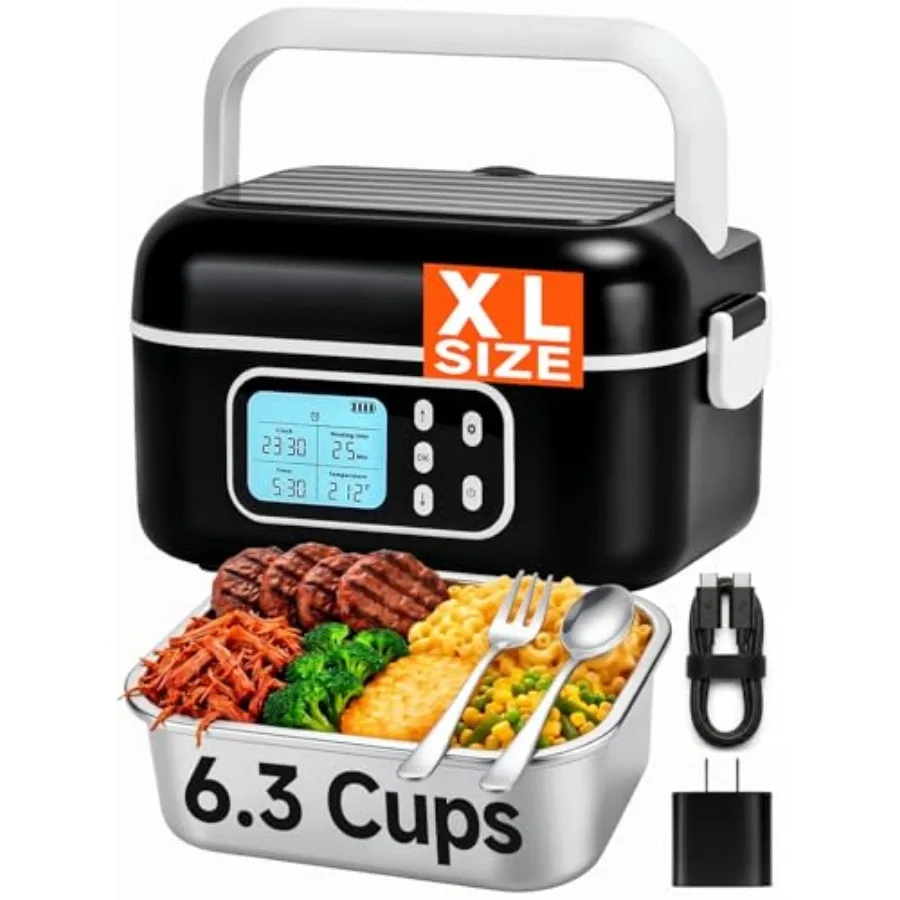 

Cordless Rechargeable Heated Lunch Box with 27000mAh Battery XL 1.5L 6.34-Cup Portable Electric Food Warmer 100W Fast Self-Heat