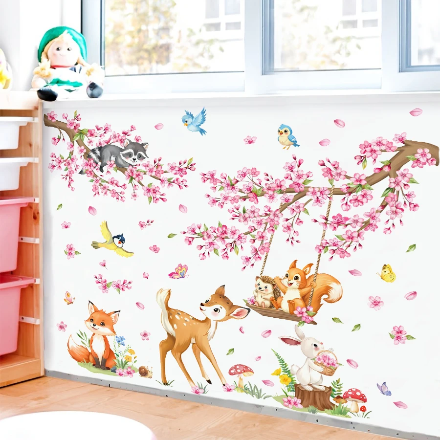 Woodland Animals Cherry Blossom Wall Stickers Pink Sakura Flower Branch Deer Fox Wall Decals Bedroom Living Room Home Decor (4)