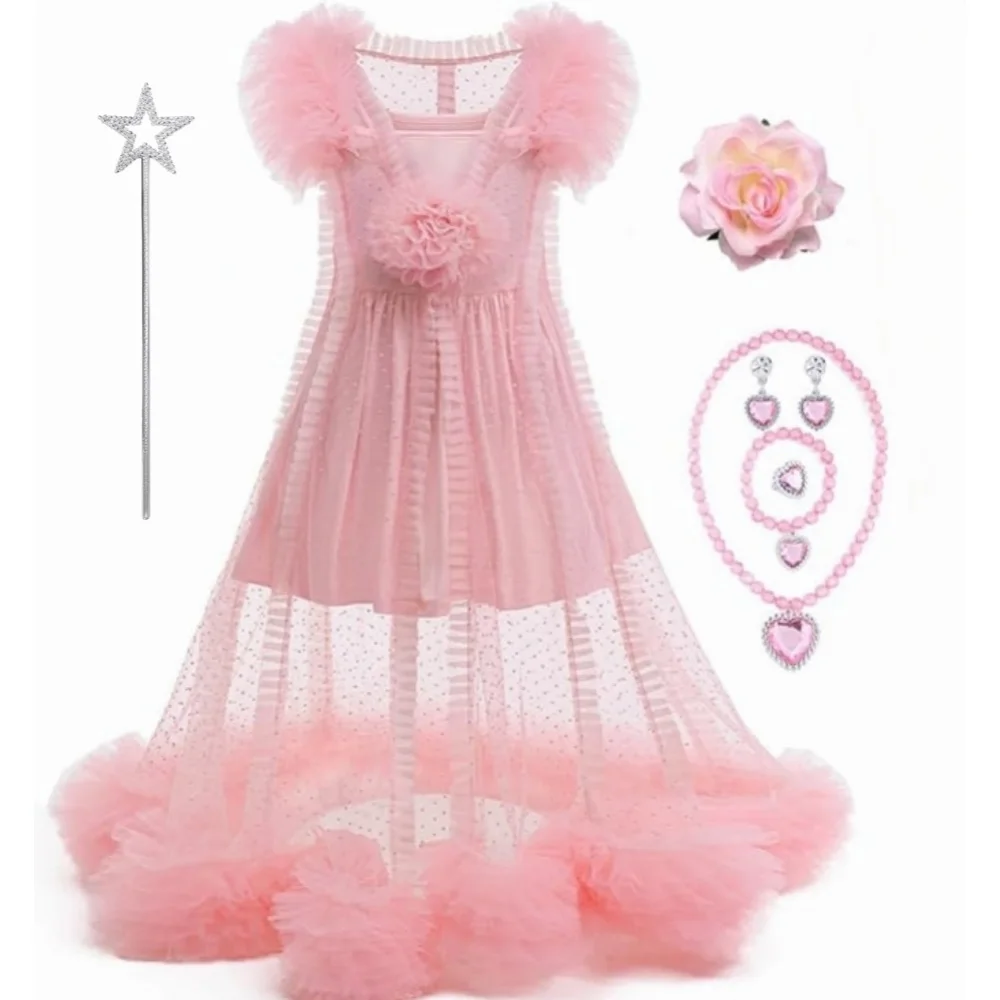 Girls Cosplay Costume Pink Wedding Party Dress Suit Roleplay Fantasy Halloween Carnival Dream Gown Wicked Glinda Cos Costume