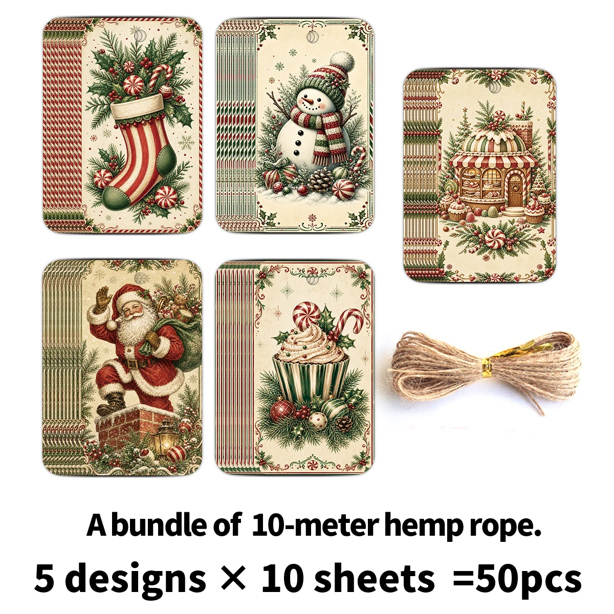50 Stück klassische Weihnachts-Geschenkanhänger mit Hanfseil, zum Dekorieren von Geschenkboxen, zum Beschriften von handgemachten Leckereien, zum Dekorieren von Baumornamenten und als Partygeschenke