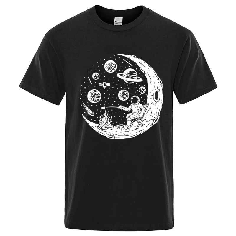 Casual T-shirt with A Fun Astronaut Moon and Barbecue Pattern Crew Neck.women Clothing Fashion Graphic Tshirts Summer Streetwear