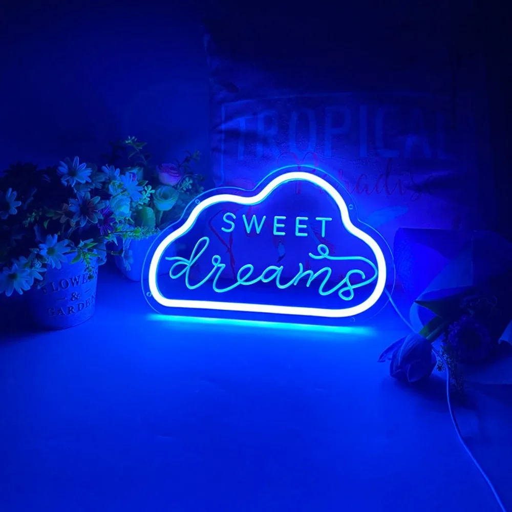 Sweet Dreams Cloud Neon Sign Engrave Personal LED Lights For Bedroom Decoration Things To The Room Cafe Lighting Wall Decors