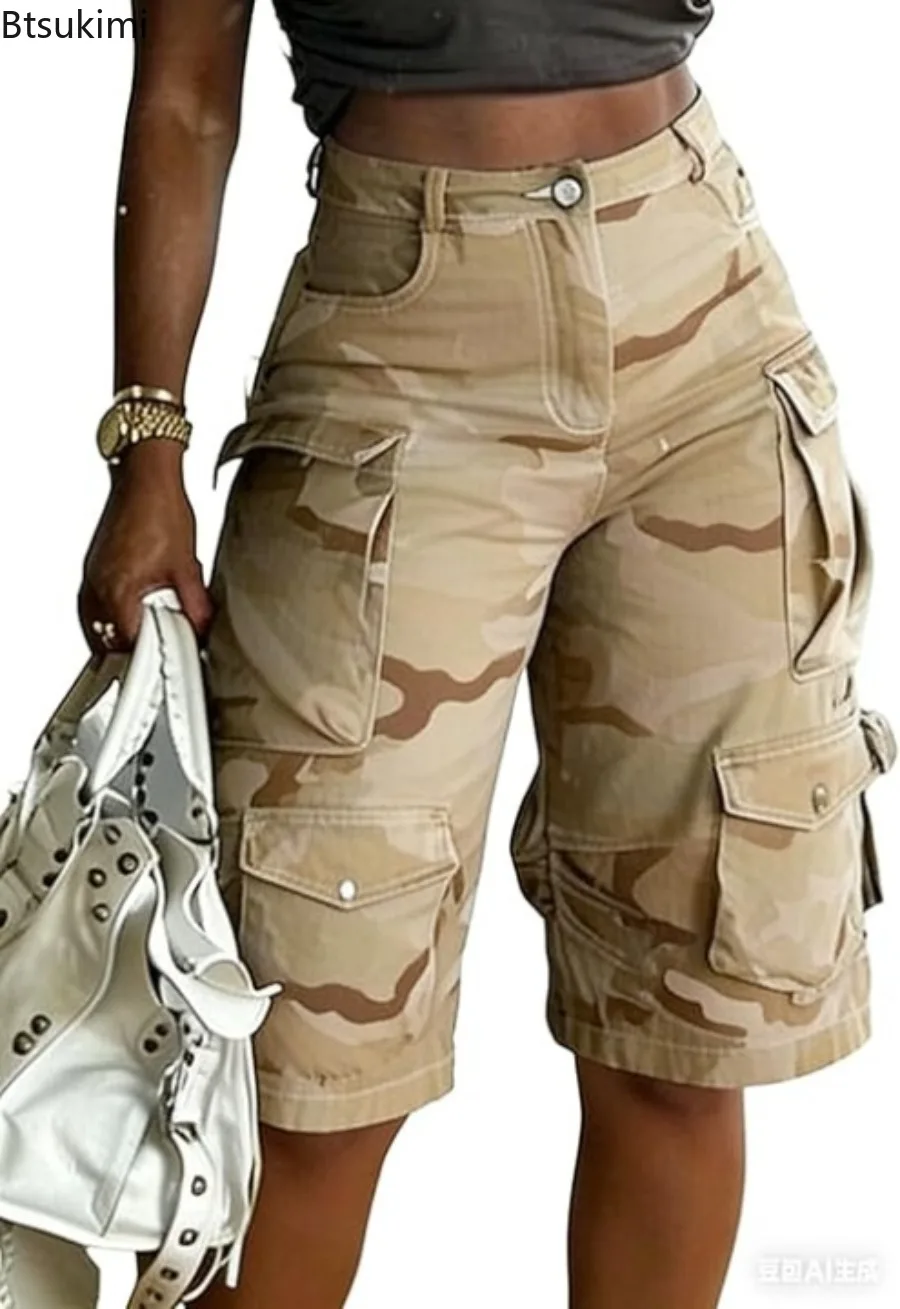 Women's Camo Cargo Knee-Length Shorts Summer Streetwear Loose Fit Multi-Pocket Y2K Vintage Baggy Pants Women Fashion Daily Wear
