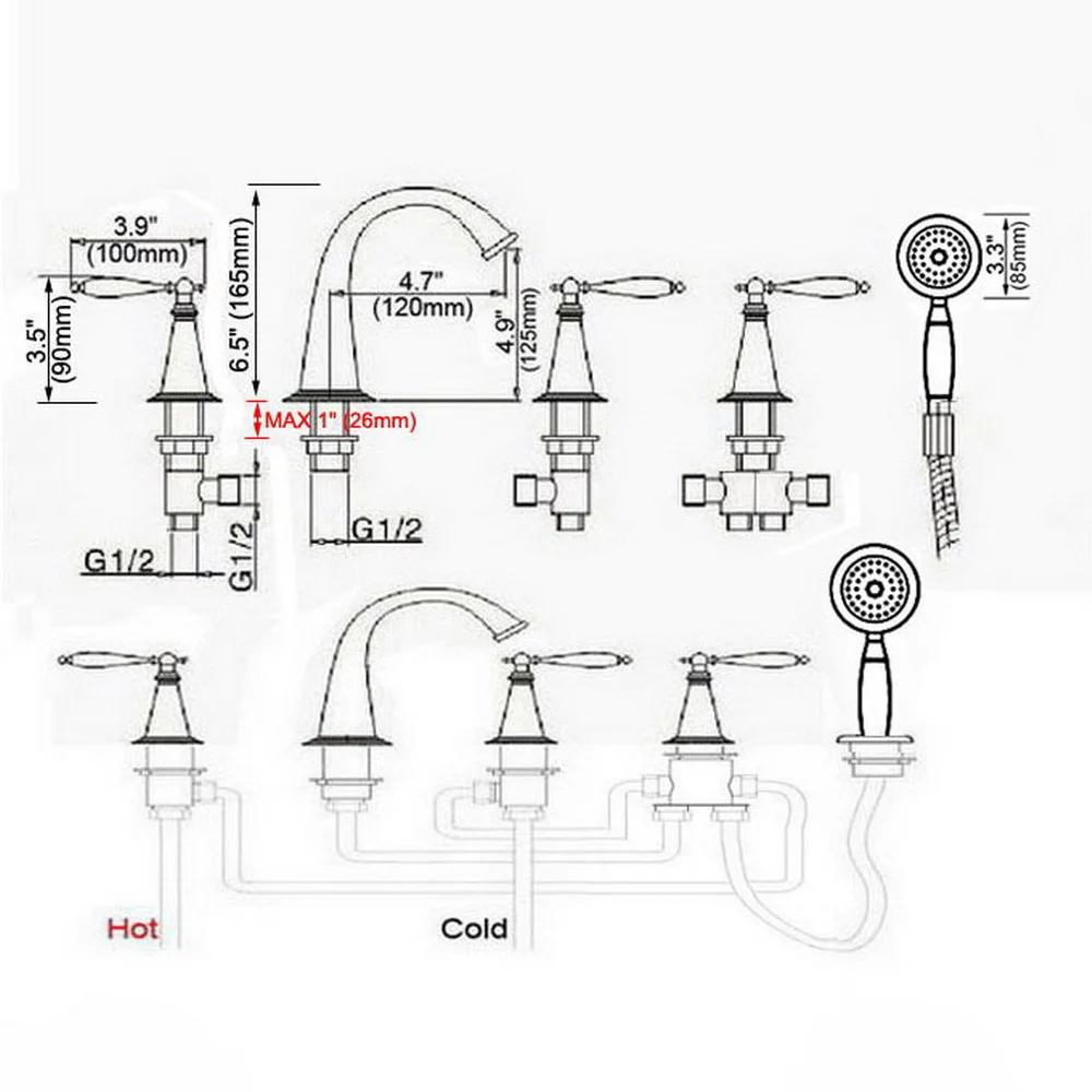 Luxury Gold Color Brass 5piece Bathtub fauce bathroom faucet for hot and cold Mixer tap Sink faucet 3 handle 5 hole Ntf057