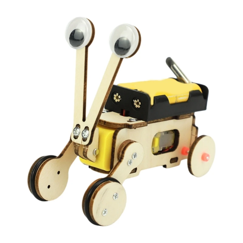 Wooden Crawling Robot Assembly Set with Visible Motor, Wiring, Battery Holder, and On-Off Control for Hands-On Mechanical 15UB
