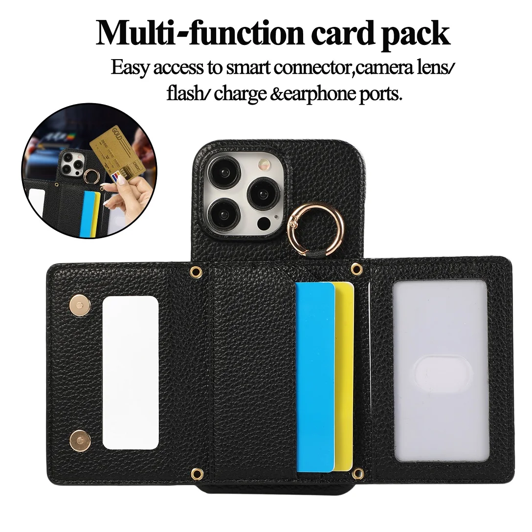 Luxury Crossbody Grid Leather Card Wallet Case For iPhone 11 12 13 14 15 16 17 Pro Max Plus Mirror Makeup Phone Cover With Ring
