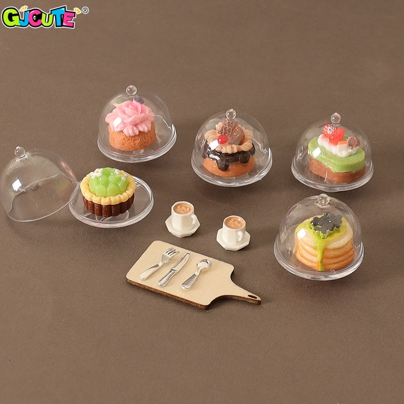 Juego de postre de pastel de café de simulación de casa de muñecas, Mini bandeja de cocina, accesorios de vajilla, Decoración de casa de muñecas, 1/12