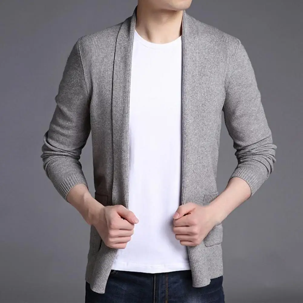 Men Sweater Coat Solid Color Soft Warm Breathable Stretchy Open Stitch Cardigan Long Sleeves Turn-down Collar Sweater Jacket