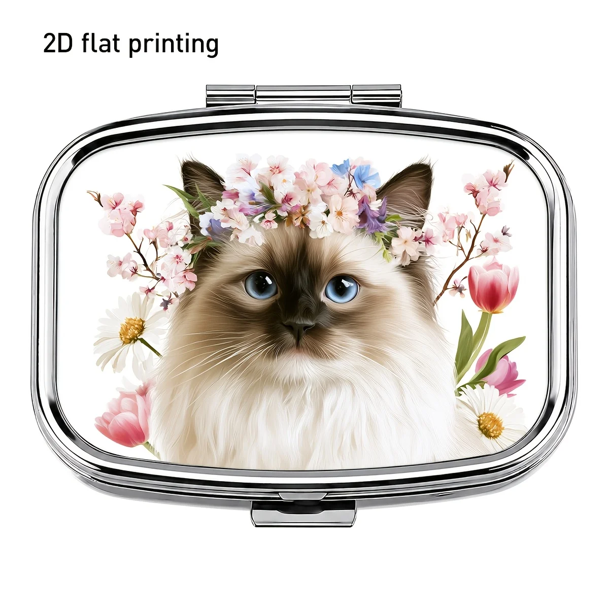 Elegant Square Metal Pill Box with Cherry Blossom Long-Haired Cat Pattern, Two-Compartment Portable Storage Box, Divided Storage for Medicines, Vitamins, and Accessories, Suitable for Travel, Home, Outdoor Use, Durable Gift Item