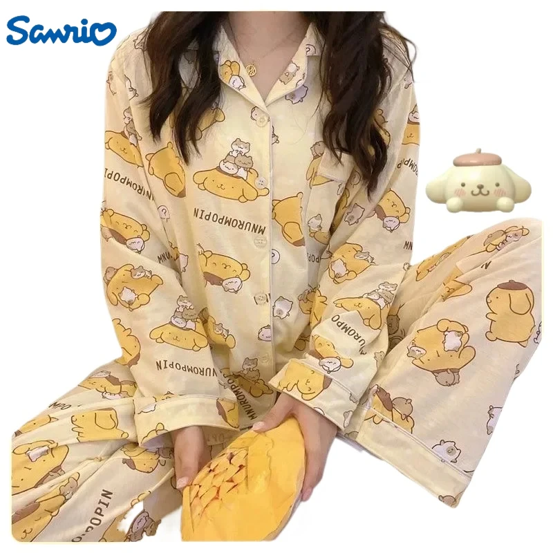 

Sanrio Pom Pom Purin Long Sleeve Pajamas Two-Piece Set Spring and Autumn Milk Silk Loungewear Cute Cartoon Anime Girls Students