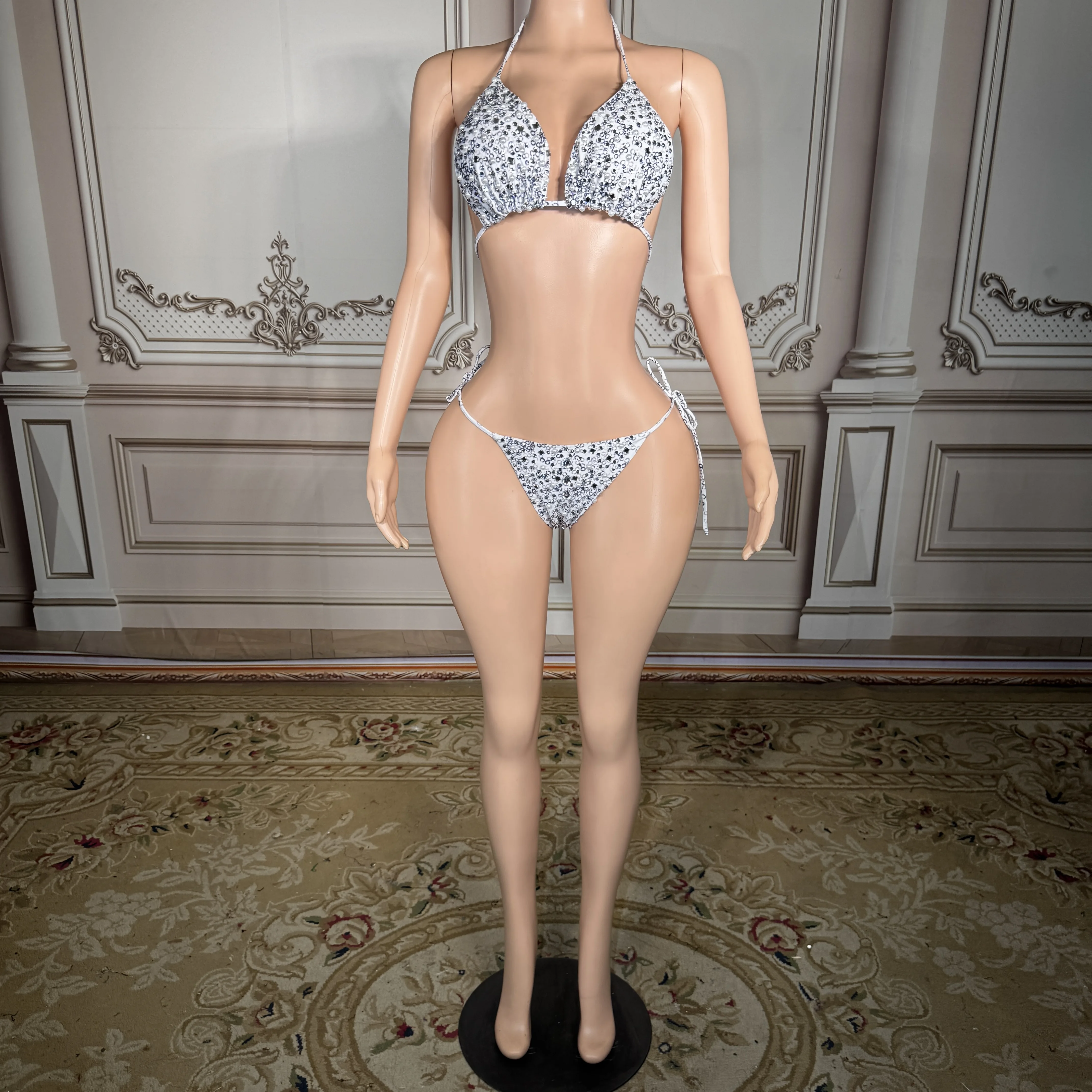 

ZD Glamorous Pink Abstract Sequin Two Piece Swimsuit Women Sexy Halter Vacation Outfit