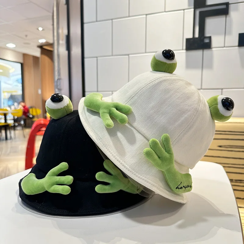 2024 New Cute Big Eyes Frog Bucket Hats Outdoor Foldable Sun Fishing Cap Women Lady Summer Cotton Wild Panama Hats