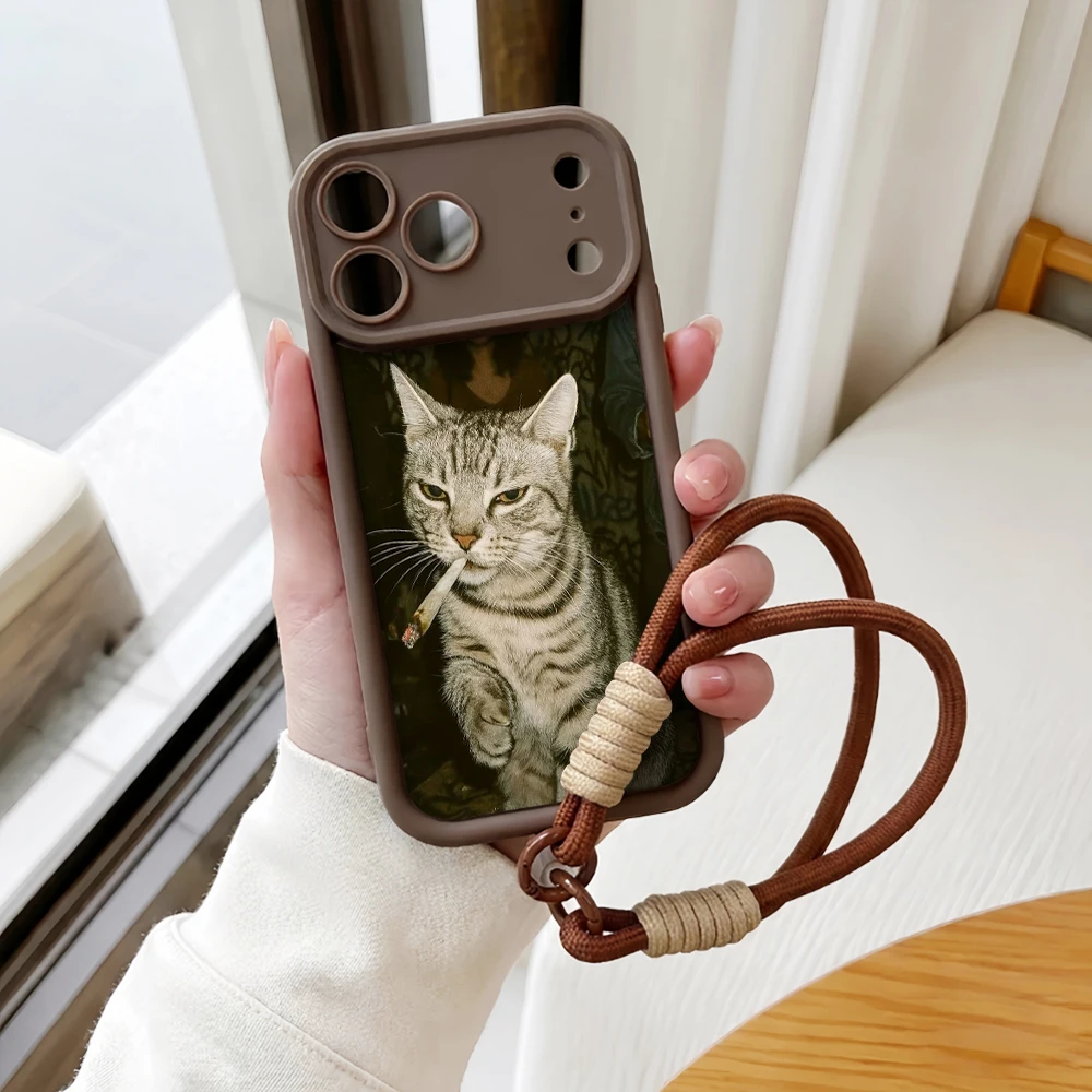 Handyhülle für iPhone 11 12 13 14 15 16 17 Pro Max 16 15 14 Pro Plus 17E Rauchendes Kätzchen Lanyard Stoßfeste Matte Silikonhülle – Detail 6