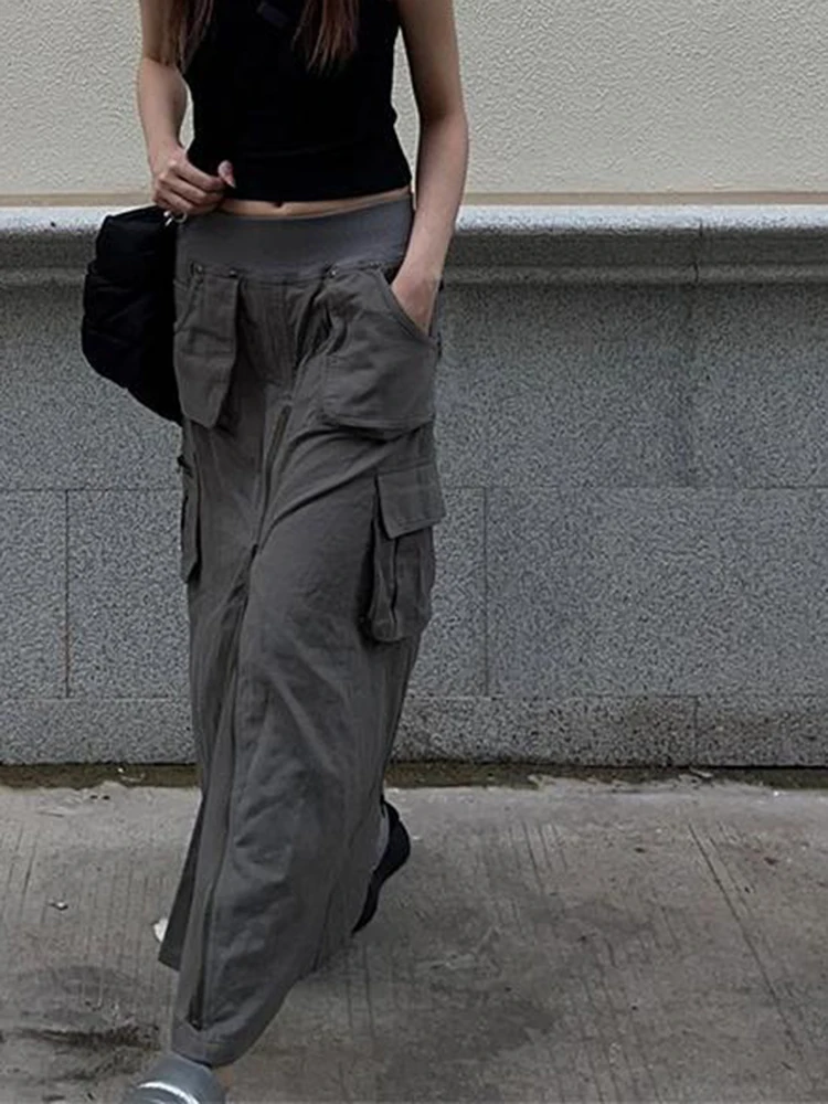 

Streetwear Cargo Skirt Women Y2K Vintage A Line Skirt with Pockets High Waist Harajuku Fashion with Slit Zipper Detail