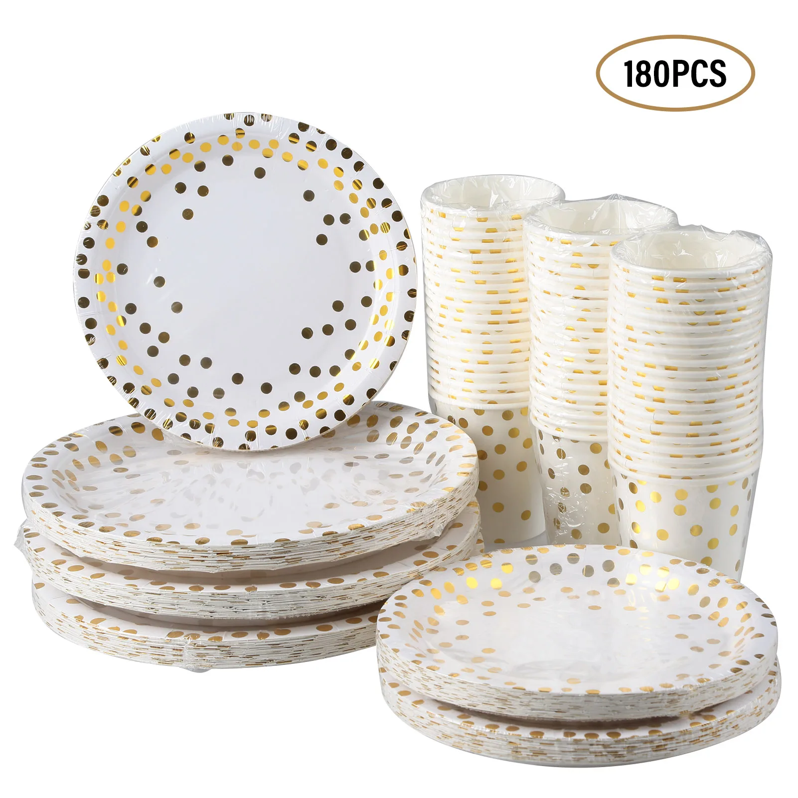 

180pcs Paper Cups 7-inch Plates 9-inch Plates Set Disposable Drinkware & Dishware with Golden Polka Dot Plates Beverage Cups