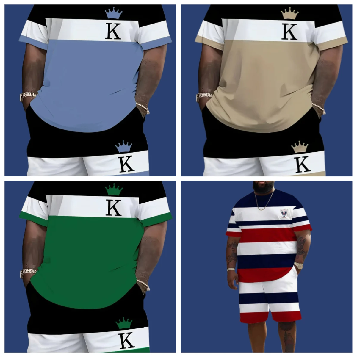 

This Oversized Men's Short-sleeved T-shirt and Shorts Set Features A Breathable, Elastic Polyester Fabric with A Checkered Strip