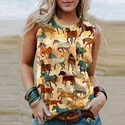 New Western Cowboy Retro Tank Tops Horse 3D Print Summer Women O-Neck Vest Off Shoulder Y2k Sleeveless Camisole Woman Clothing