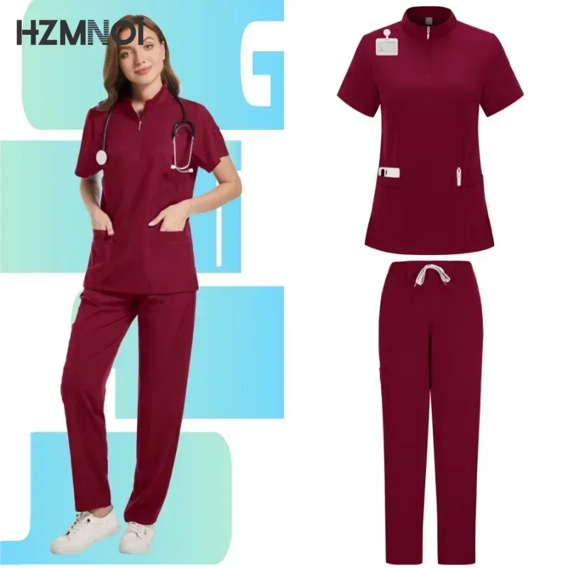 New Scrubs Set Medical Uniforms Stretch Scrub Tops with Pocket Pants Nurse Uniform Doctor Surgery Overalls Beauty Salon Workwear