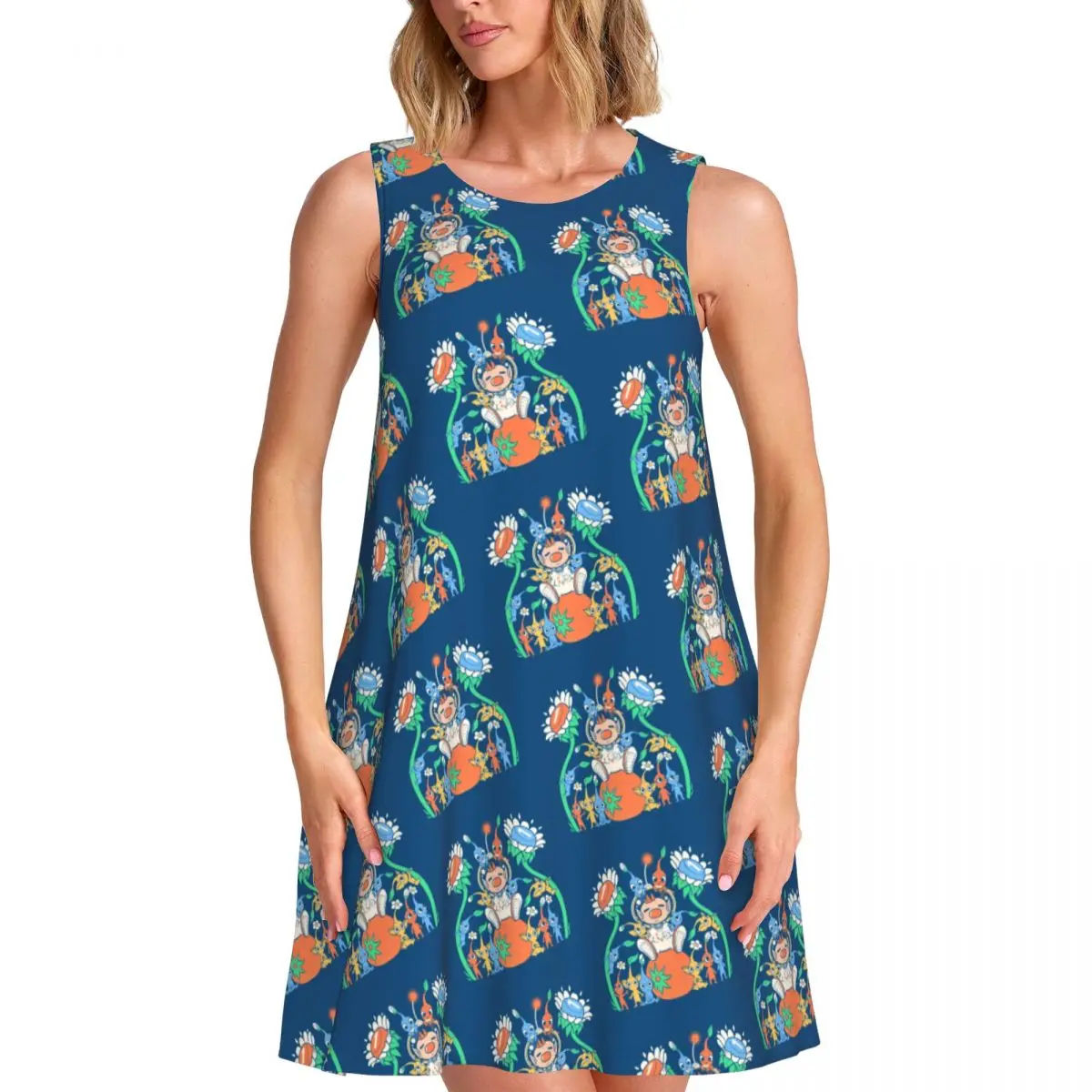 

Custom Video Game Pikmins Women's Summer Sleeveless Dresses Casual Sundresses Beach Cover Ups Sleeveless For Beach Travels Dress