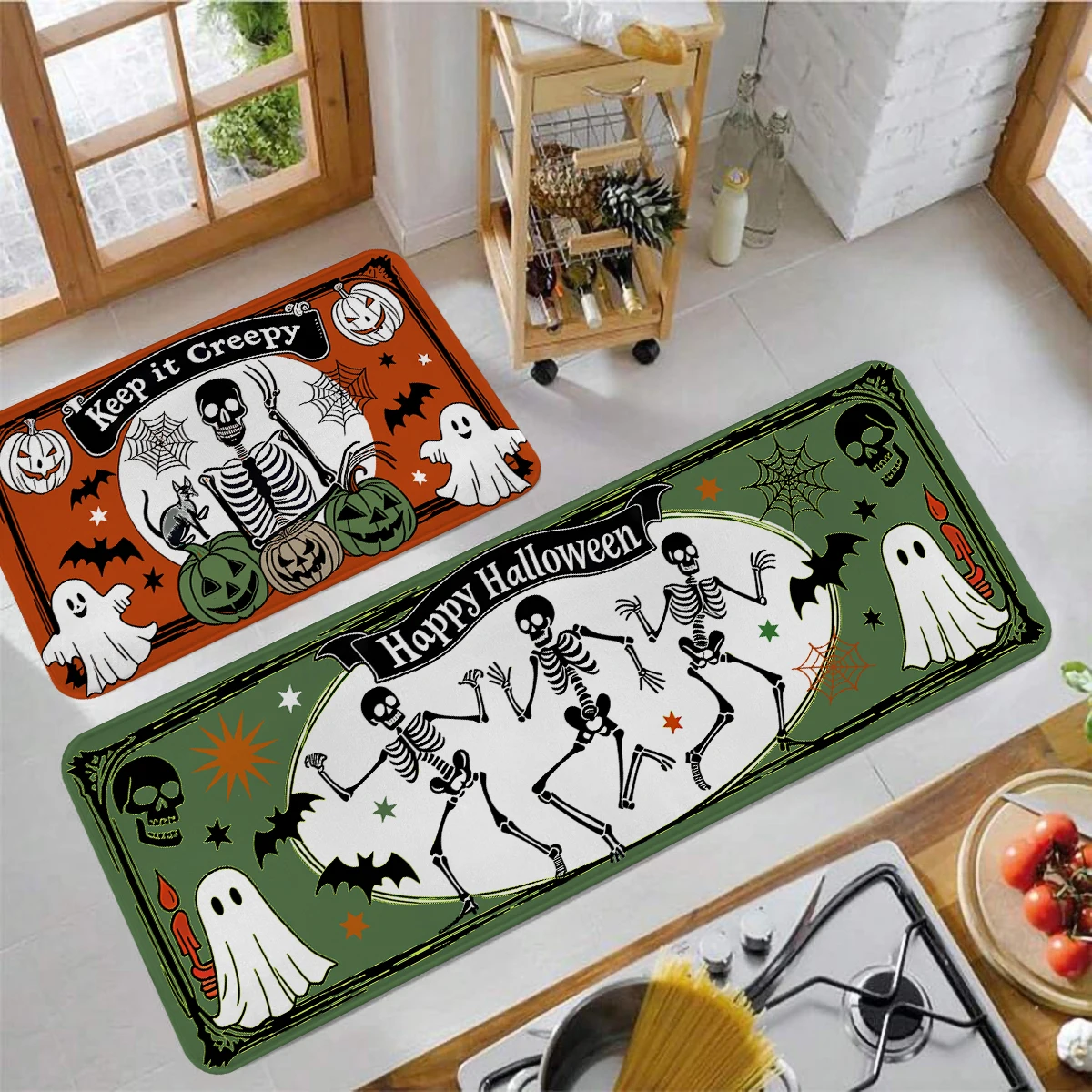 1/2/3 Halloween Skelett Kürbis Fledermaus Küchenmatten-Set, Ghost Horror Unfug, geeignet für Halloween-Dekoration Küchenteppich