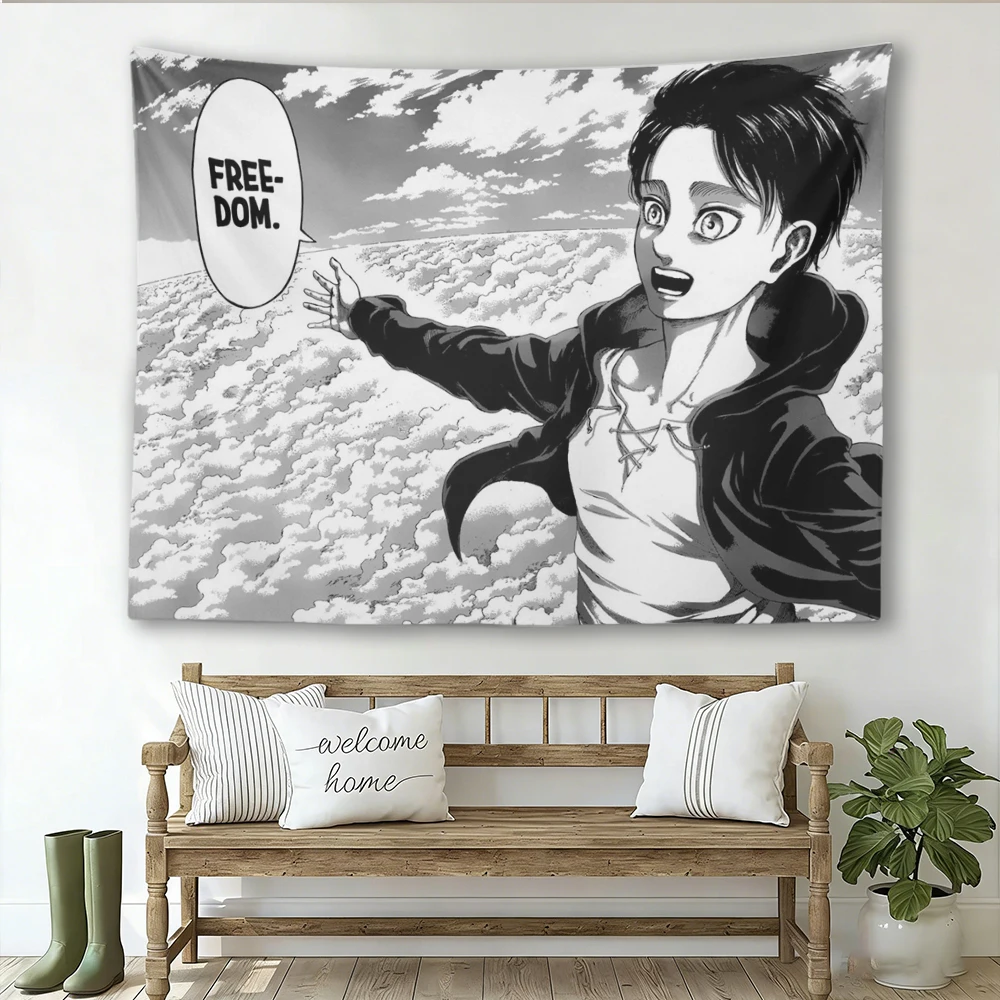 A-Attack on Titan E-Eren Freedom Tapestry, Black White Manga Wall Hanging, Anime Decor for Bedroom Dorm Living Room
