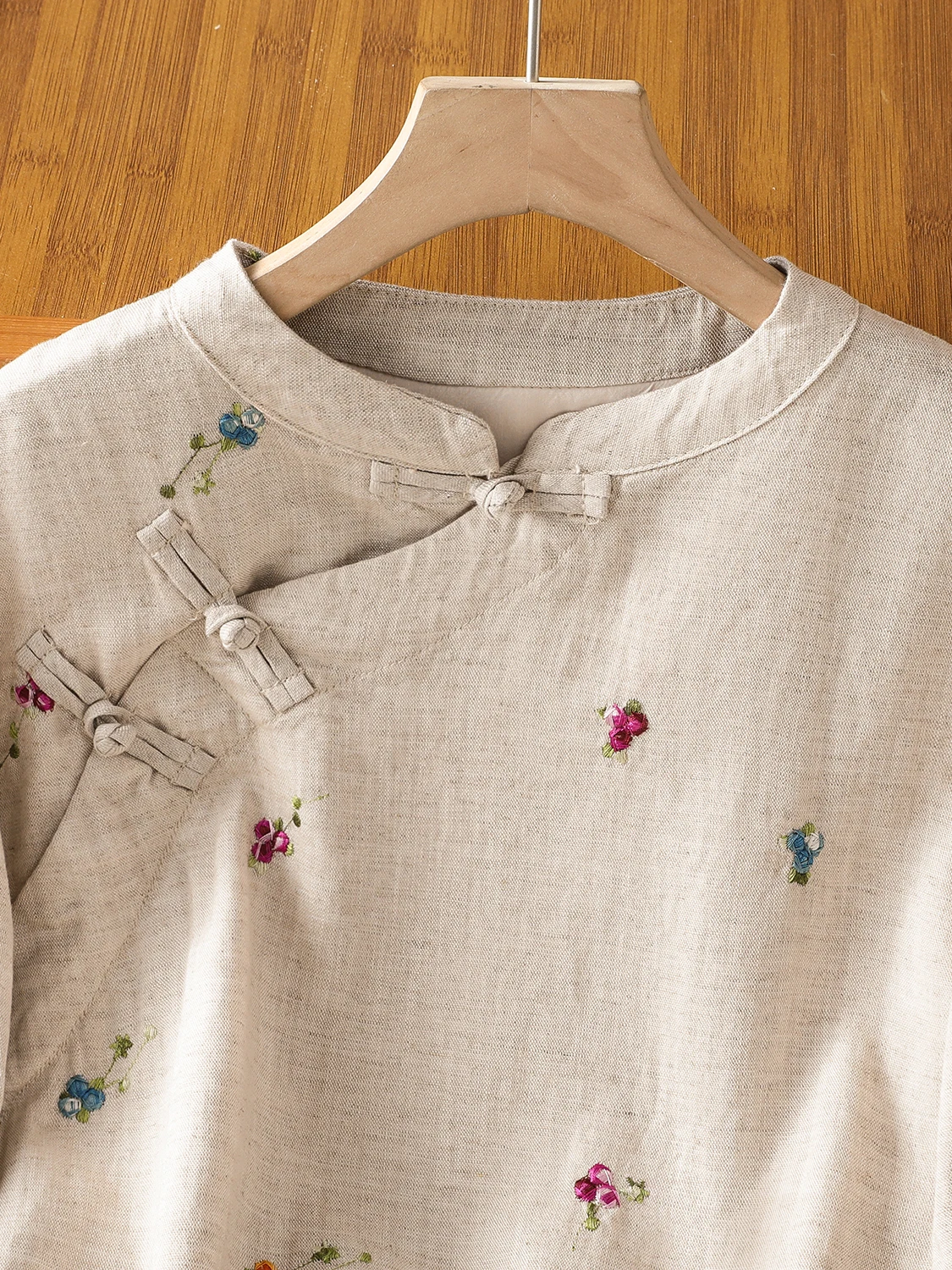 Chińska bluzka damska w dużych rozmiarach, lniana, haftowana, z patchworkowym kołnierzykiem, długa, codzienna, z kwiatowym wzorem, w stylu vintage.