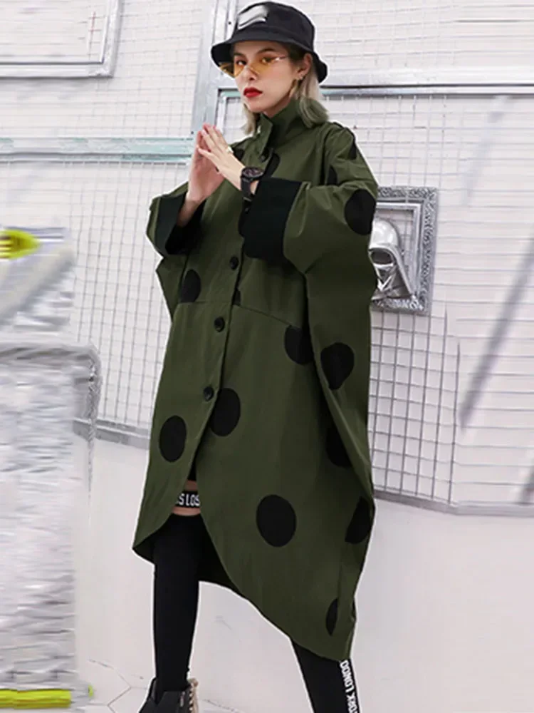 XITAO Irregular Trench Women Polka Dot Autumn Single Breast Pocket Elegant Patchwork Turn Down Collar Coat GCC1781