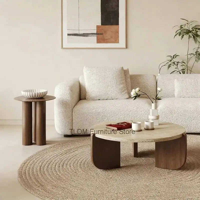 Luxury Wabi-Sabi Coffee Table, Round Travertine Top with Wood Base, Minimalist Nesting Center for Living Room Home Decor
