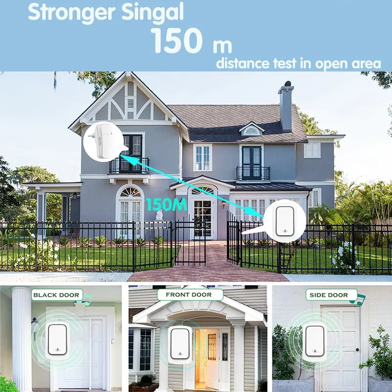 Home Wireless Doorbell IP68 Waterproof 38 Kinds Ringtones 4-level Volume Adjustable EU Plug Self-powered Button Music Doorbell