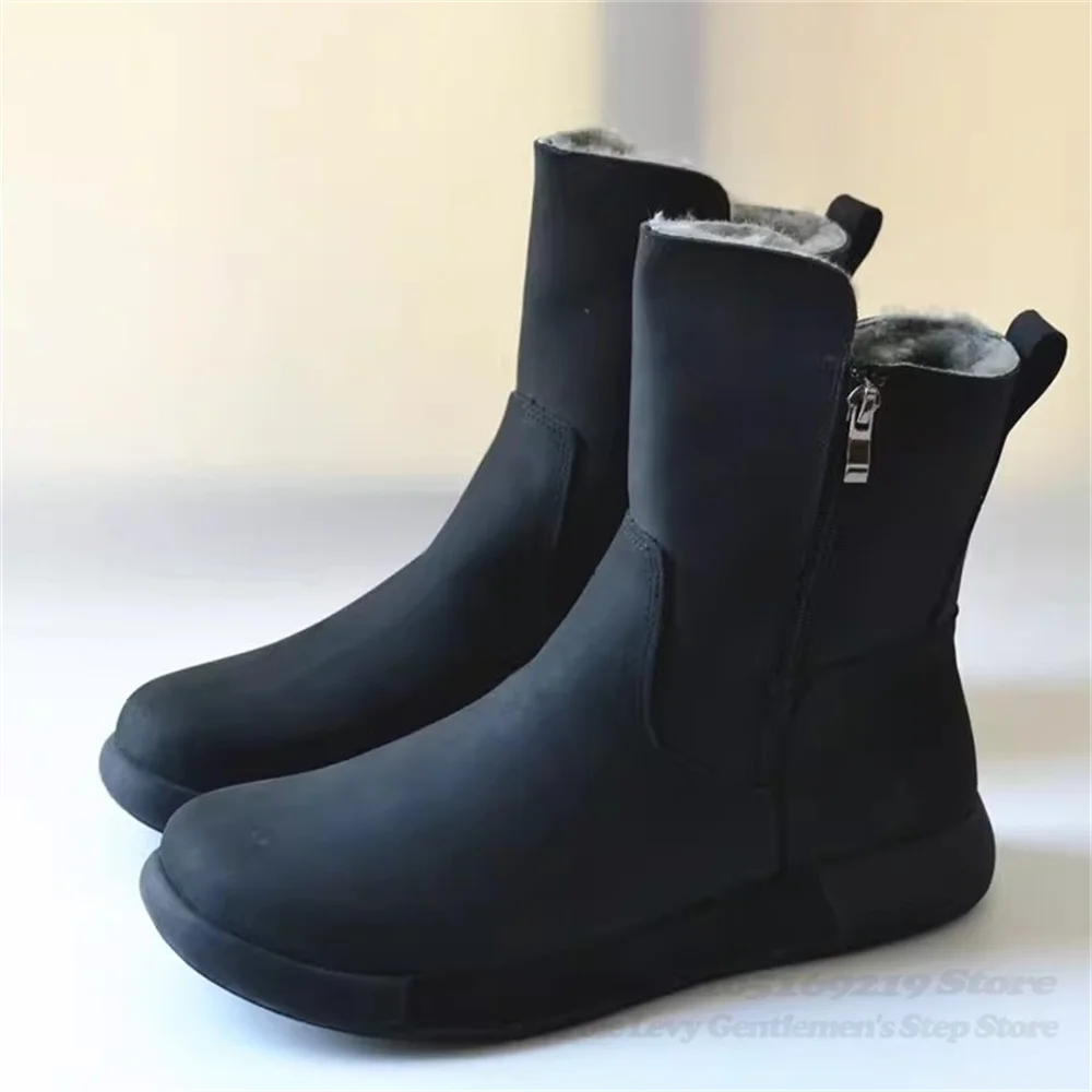 Frosted Black Genuine Leather Wool Fur Integrated Anti Slip Midsole Snow Boots Handmade Plus Size Flat Bottom Warm Cotton Shoes
