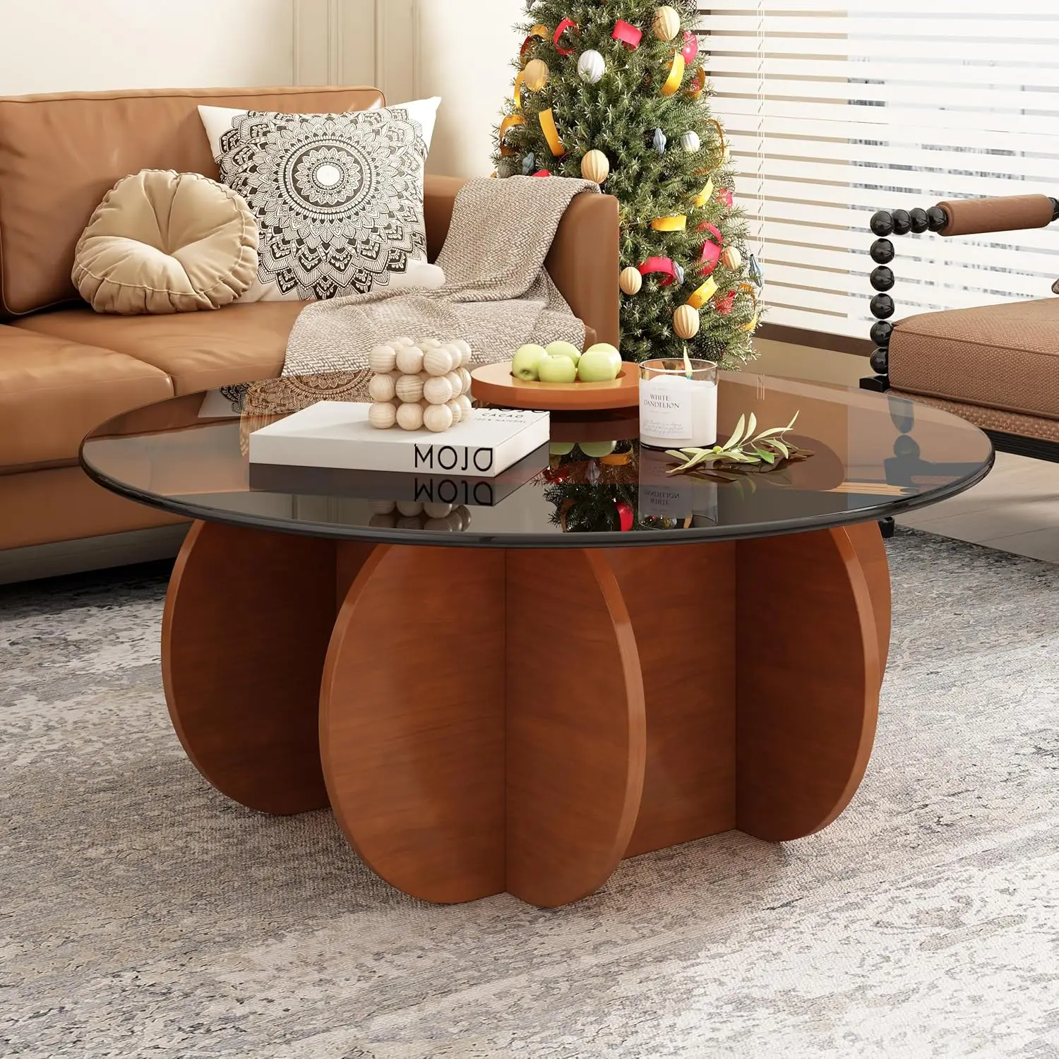 31.5" Mid-Century Modern Round Coffee Table - Tempered Glass Top with Sturdy Wood-Inspired Base,  (Brown+Browm)
