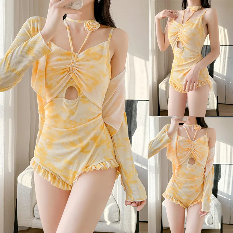 

2025 new smudging white 1-piece two-piece women's long-sleeved blouse sunscreen student conservative hot spring summer swimsuit